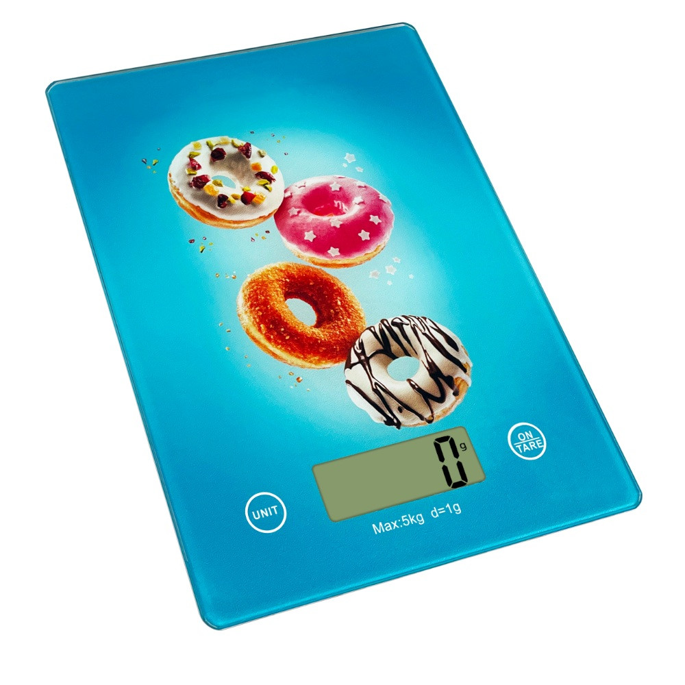 Кухненска везна Oliver Voltz OV51651KD Doughnut, 5 кг, ТАРА, Стъклена, Донат, Син