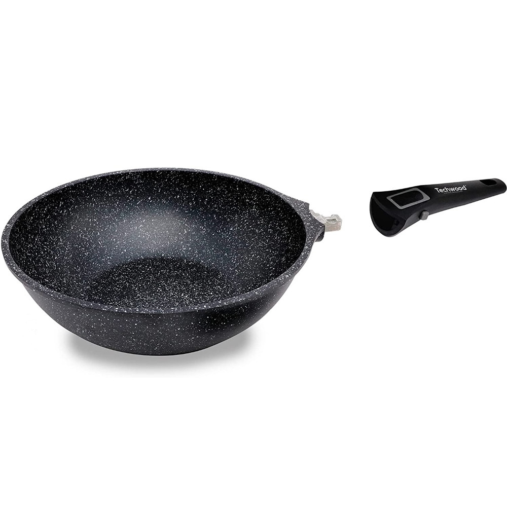 Tigaie wok cu maner detasabil Techwood TP-30WO, 30 cm, Acoperire marmura Greblon, Negru