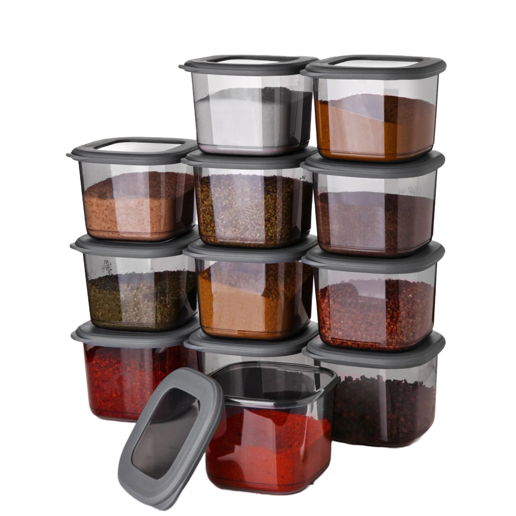 Set recipiente pentru condimente Kosova 430KSV8931, Plastic, 550 ml, 12 bucati, Transparent