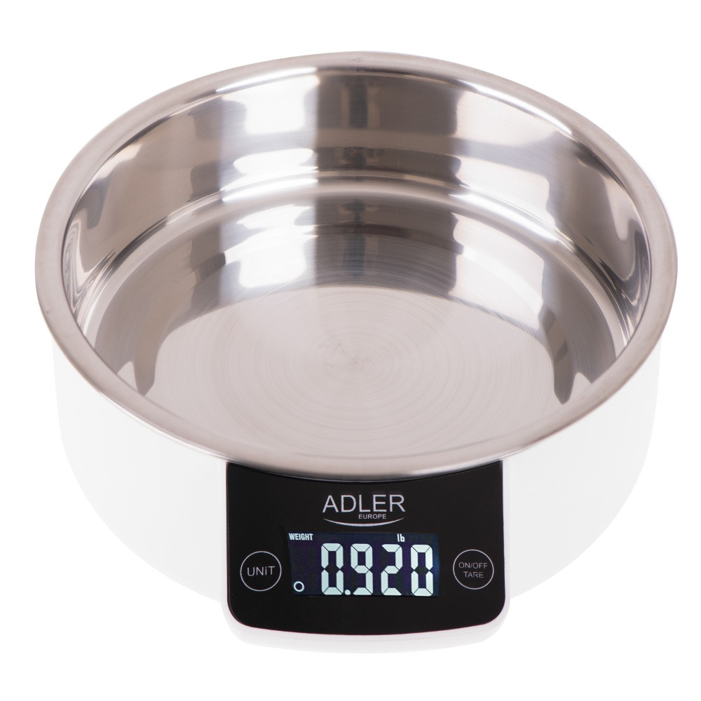 Cantar de bucatarie cu bol Adler AD 3166, 5 kg, display LCD, TARA, Alb/Inox