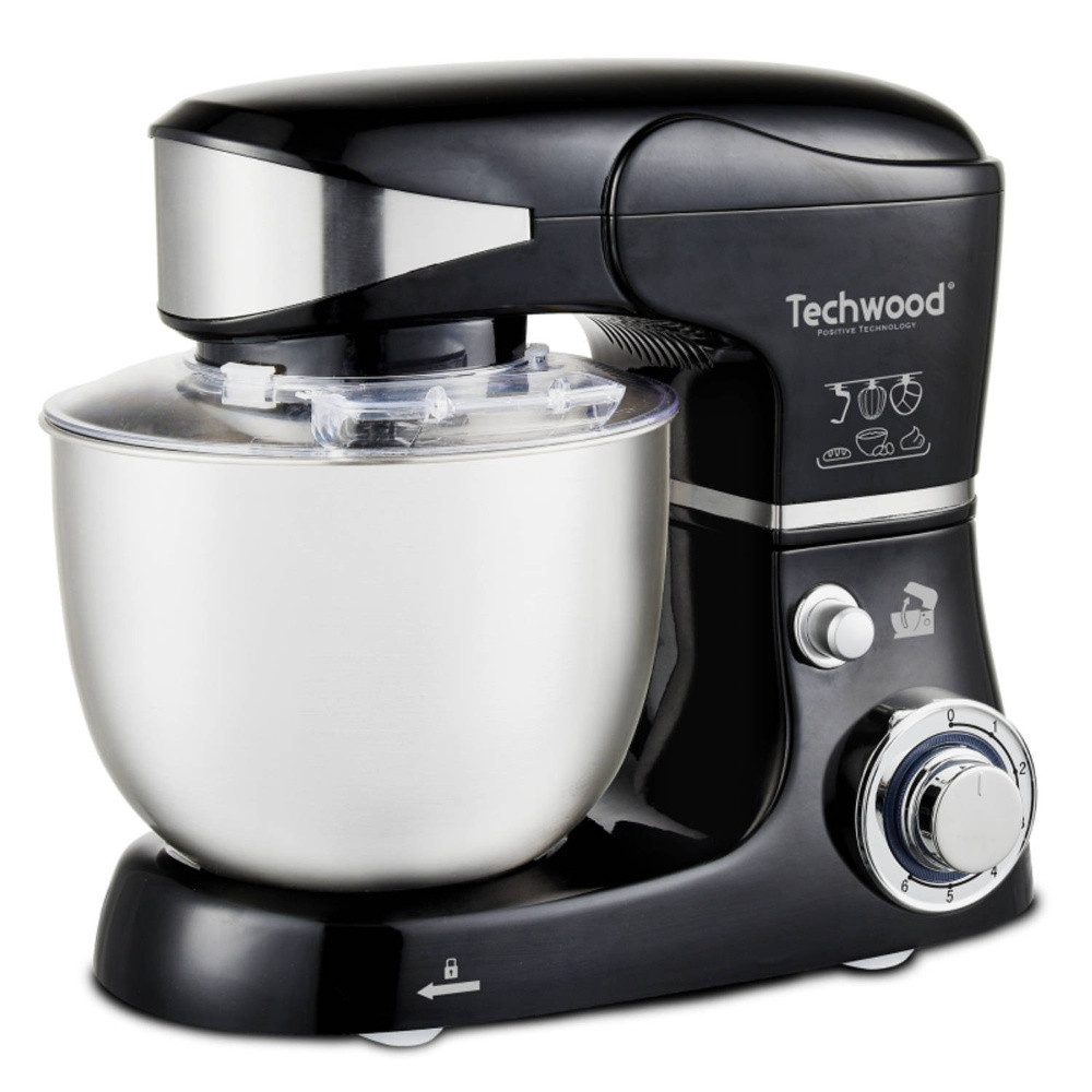 Mixer planetar Techwood TRO-1056, 1000W, Cupa inox 5 L, 6 viteze, 3 accesorii, Negru/Inox