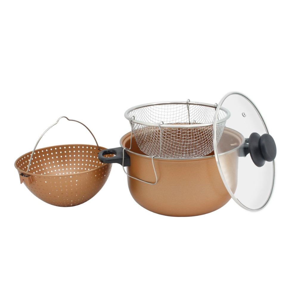Тенджера с гевгир и кошница за пържене Voltz V51213C, 24 см, 5.2 л, Незалепващо покритие, Меден цвят