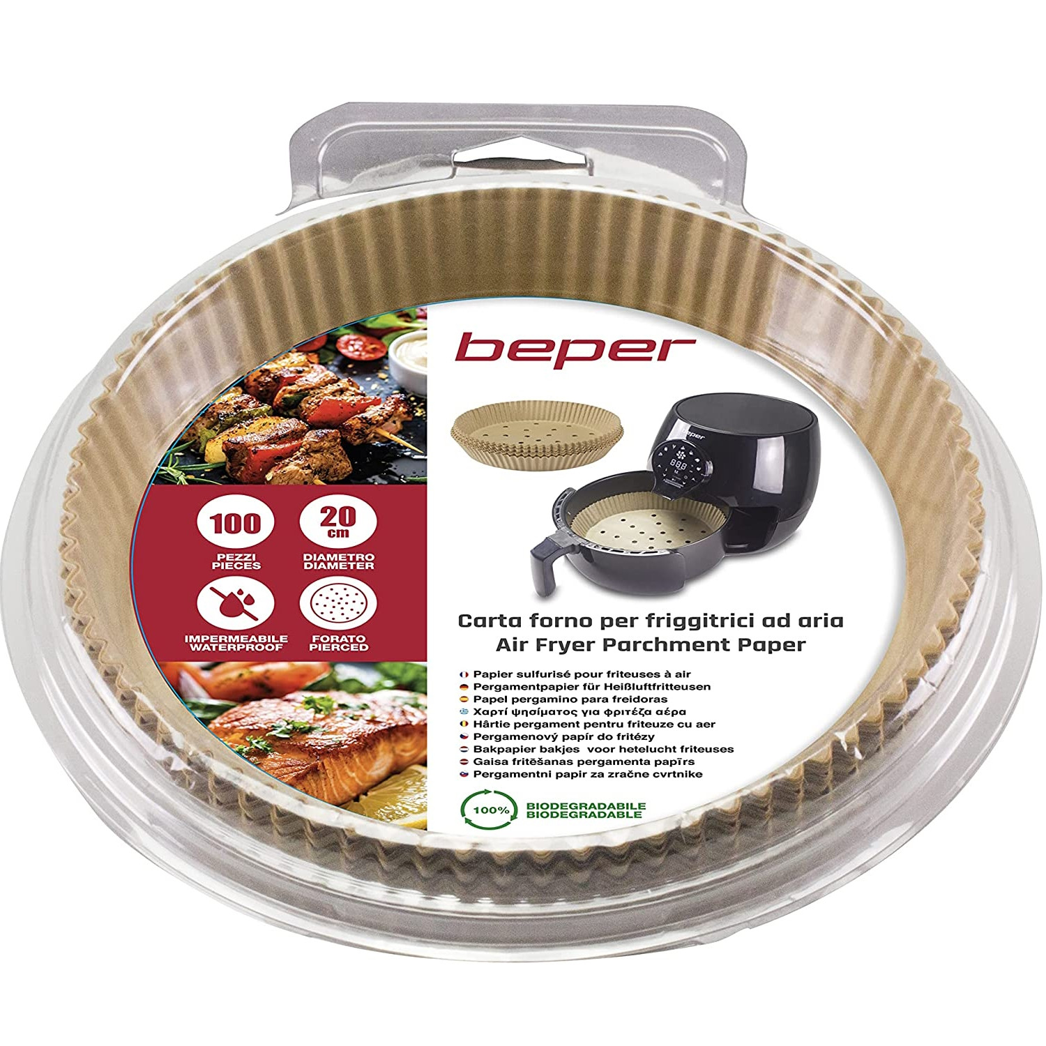 Комплект 100 бр. хартиени подложки за Air Fryer Beper C103ACC001, Пергаментова хартия, 20 см, Незалепващи, Биоразградими, Кафяв