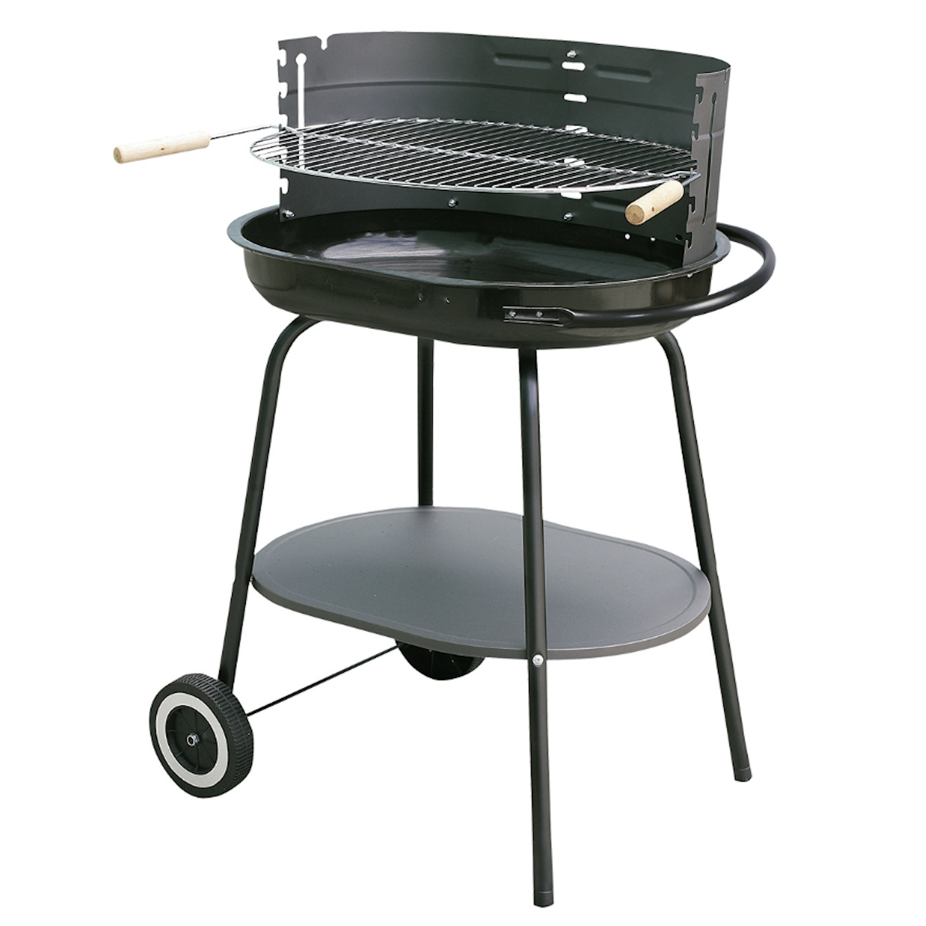 Gratar pe carbuni oval MasterGrill MG942, 54х38 cm, Manere lemn, Raft, 2 rotite, Negru