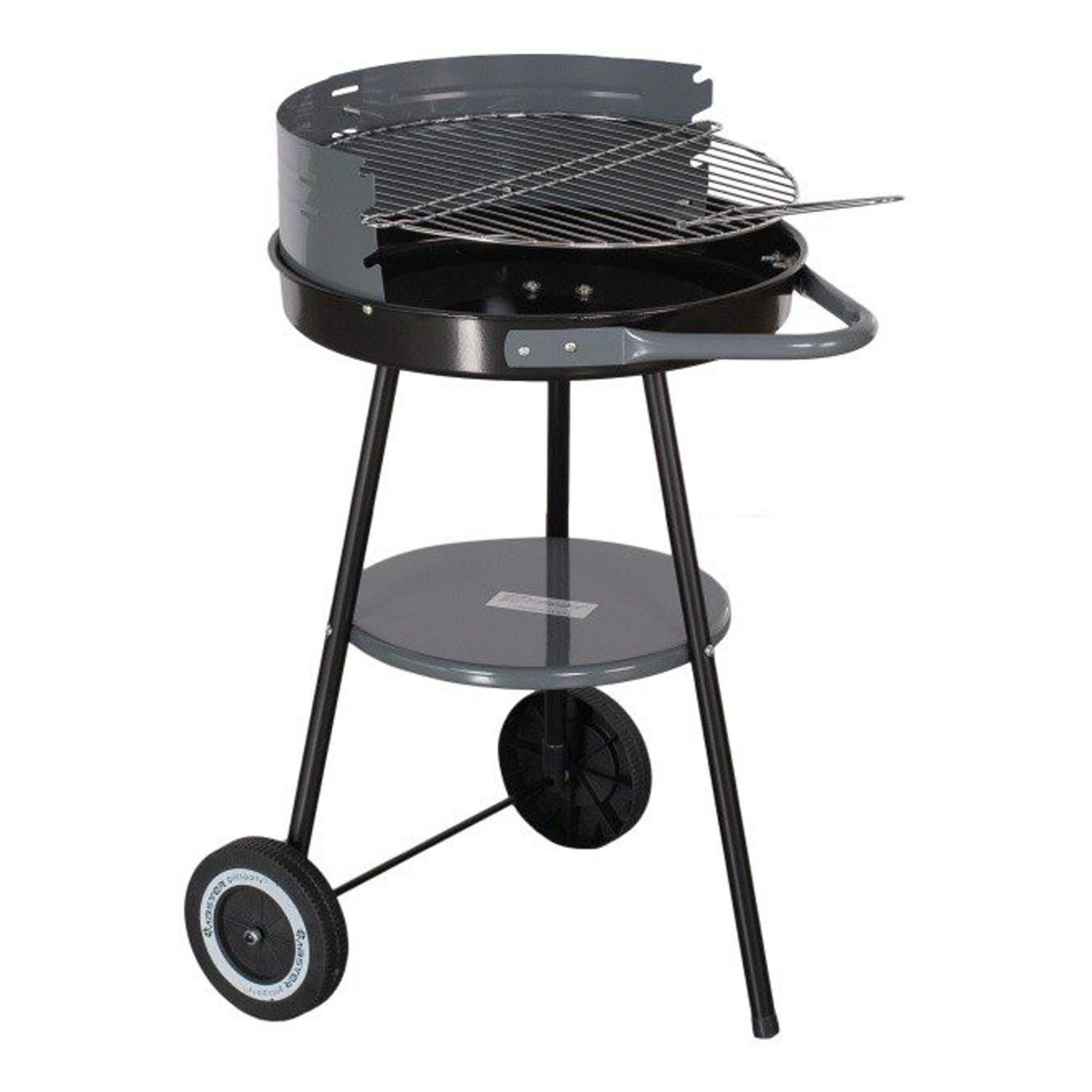 Кръгло барбекю на дървени въглища MasterGrill MG912, 40 см, Дръжка за пренасяне, Долен рафт, 2 колела, Черен/сив