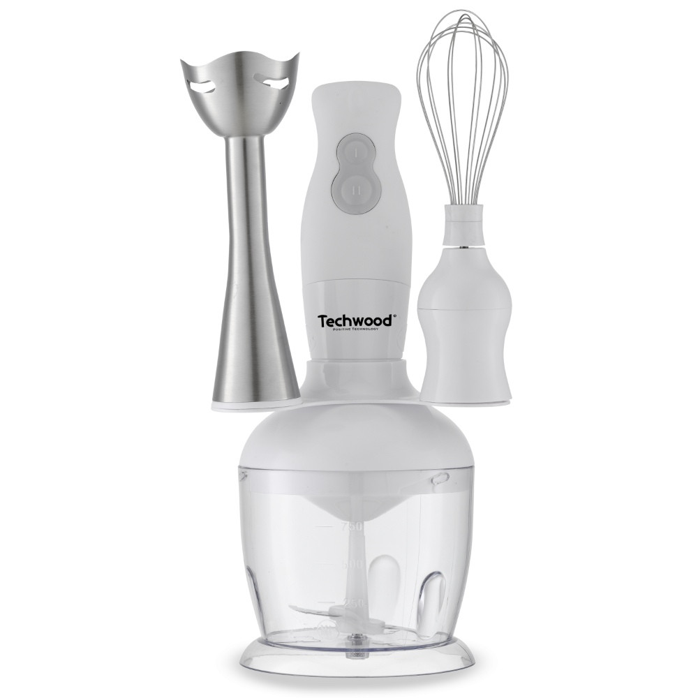 Set blender, tocator si mixer Techwood TMS-8360, 300W, 0.750 L, Lame otel, Inox/Alb