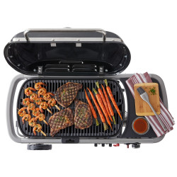 Преносимо барбекю на газ Weber Traveler WB 9010075, 3.5 kW, 63.5x34.3 cm, Емайлирани с порцелан чугунени скари, Горелка от неръждаема стомана, 2 колела, Черен/сребрист