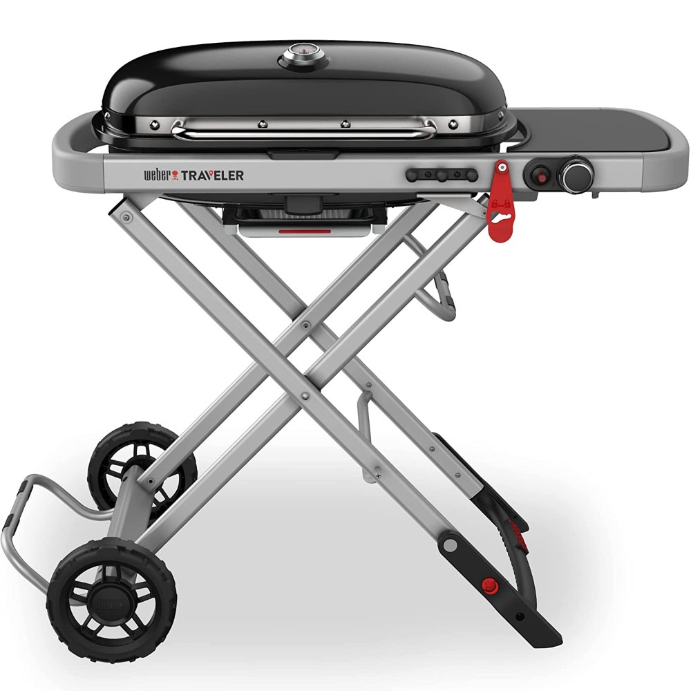 Преносимо барбекю на газ Weber Traveler WB 9010075, 3.5 kW, 63.5x34.3 cm, Емайлирани с порцелан чугунени скари, Горелка от неръждаема стомана, 2 колела ...