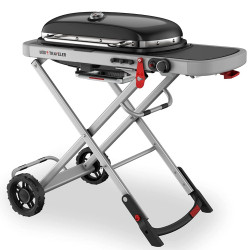 Преносимо барбекю на газ Weber Traveler WB 9010075, 3.5 kW, 63.5x34.3 cm, Емайлирани с порцелан чугунени скари, Горелка от неръждаема стомана, 2 колела, Черен/сребрист