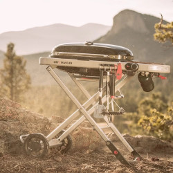 Преносимо барбекю на газ Weber Traveler WB 9010075, 3.5 kW, 63.5x34.3 cm, Емайлирани с порцелан чугунени скари, Горелка от неръждаема стомана, 2 колела, Черен/сребрист