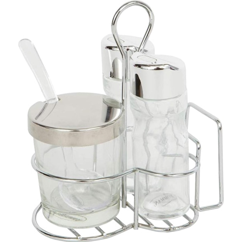 Set recipiente sare, piper si zahar Bohmann BH 7804, Suport servetele, Sticla, Suport, Inox