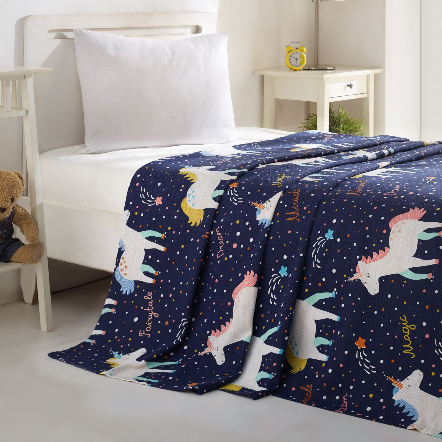 Cuvertura Eponj Home 143EPJ5958, 100% Bumbac, 160x323 cm, Unicorni, Bleumarin