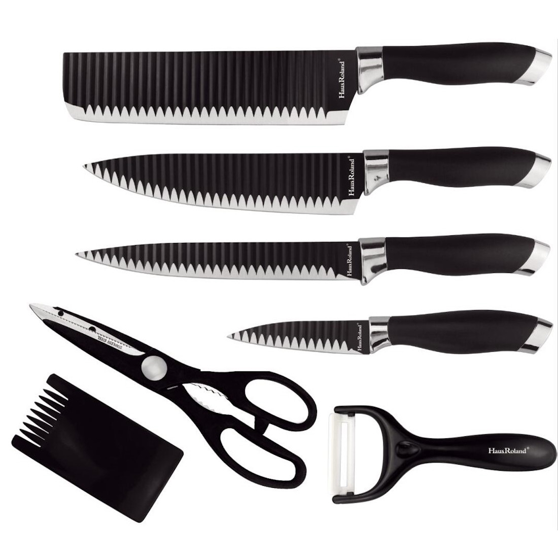 Set cutite HausRoland HR007-1, 7 piese, Foarfeca, Acoperire antiaderenta, Negru