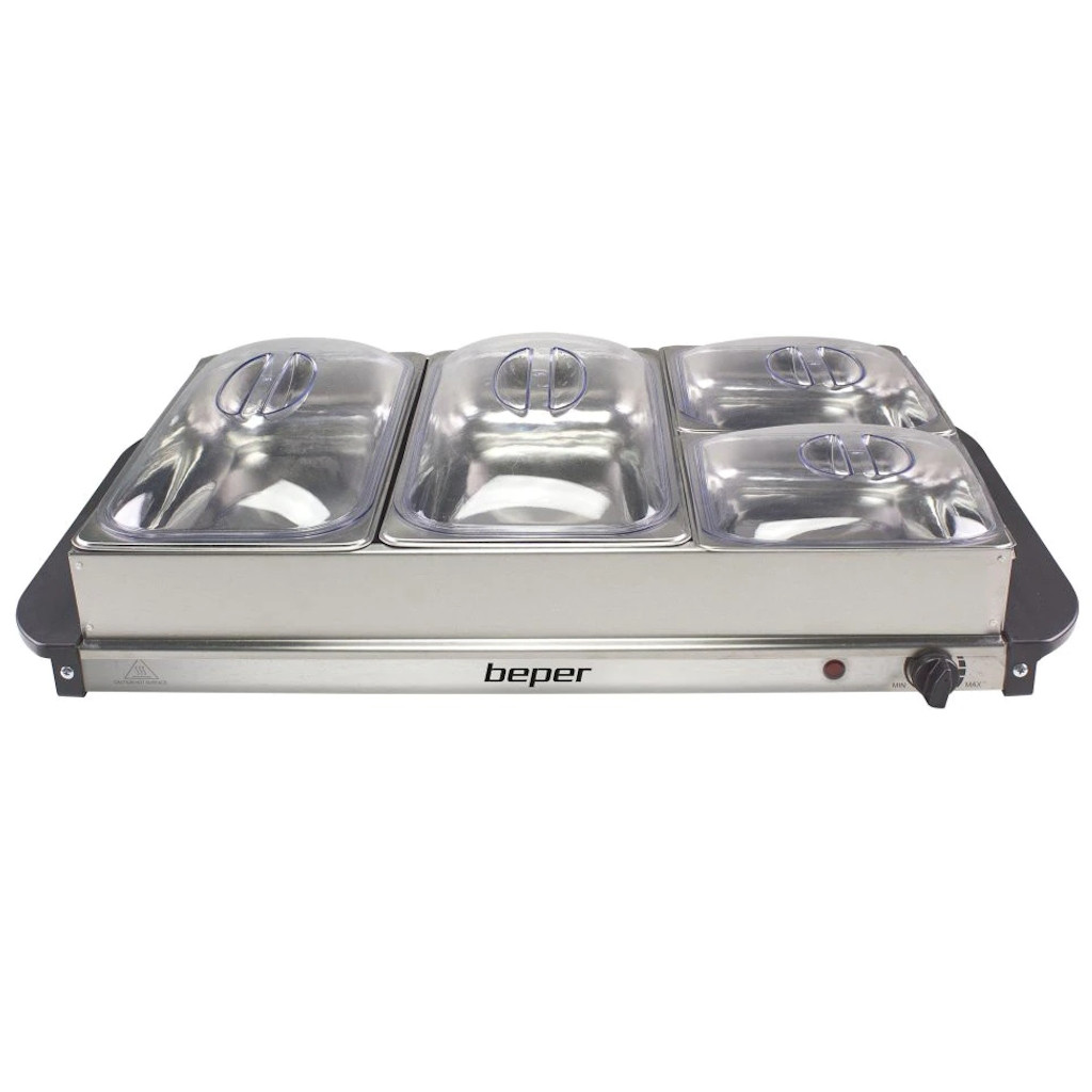 Tava electrica incalzire hrana Beper P101TEM001, 300W, 4 Comapartimente detasabile, Termostat, Inox