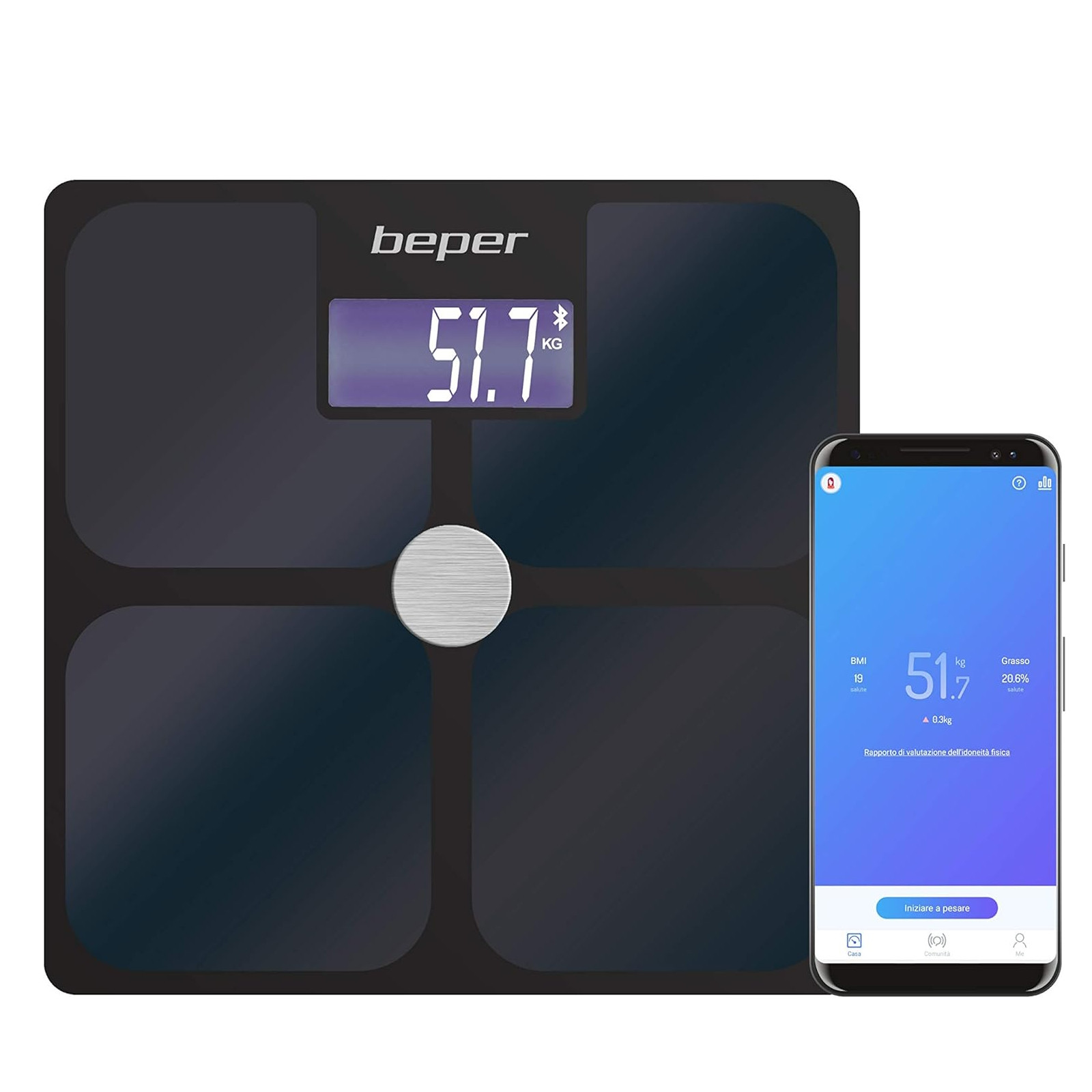 Cantar inteligent Beper P303BIP050, Wi-Fi Smart, 180 kg, 21 analize diferite, BMI, Sticla, Negru