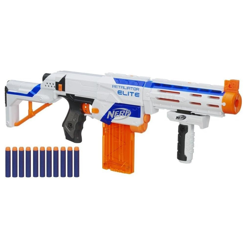 Pistol blaster Nerf Elite RETALIATOR, Posibila raza de actiune 27 m, 4 configuratii, Portocaliu/Alb