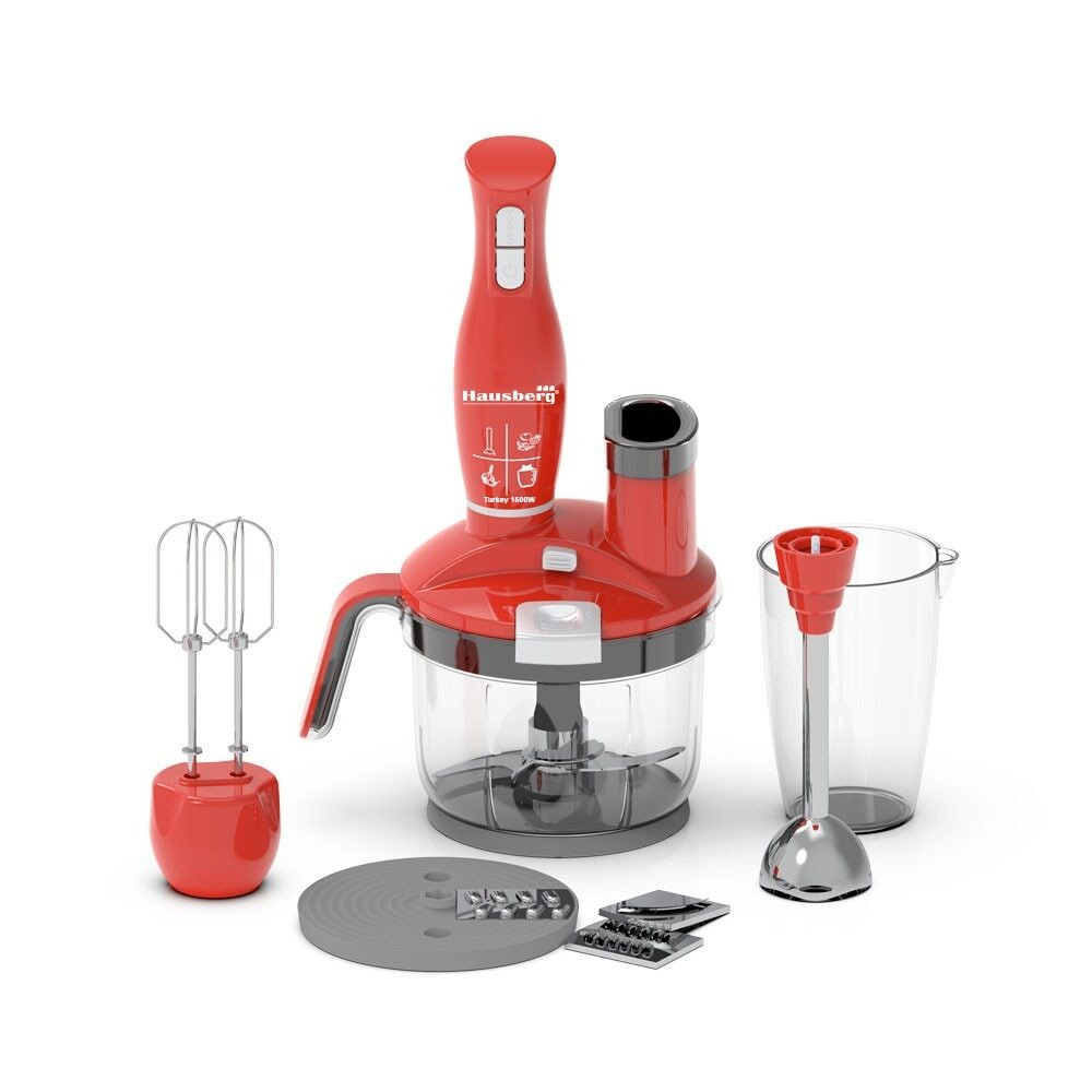 Blender cu tocator si mixer Hausberg HB 7710RS, 1500W, 1,5l, Set 4 in 1, Lame din otel inoxidabil, R