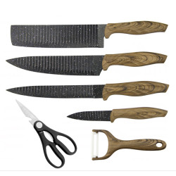 HausRoland HR001-1 Knife Set, 6 pieces, Peeler and Scissors, Rubber Handle, Brown