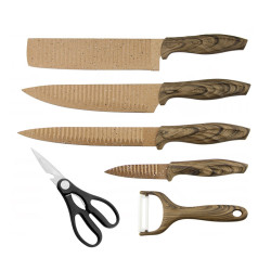 HausRoland HR001-1 Knife Set, 6 pieces, Peeler and Scissors, Rubber Handle, Brown
