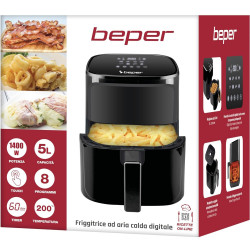 Friteuza cu aer cald Air Fryer Beper P101FRI051, 1400 W, 5 L, 8 programe, 80-200°C, Timer, Negru