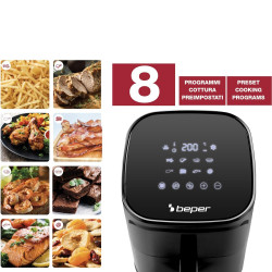 Beper P101FRI051 Hot Air Fryer, 1400 W, 5 L, 8 Programs, 80–200°C, Timer, Black