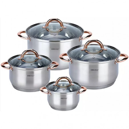 Set oale Kinghoff KH 1763, 8 piese, 2.1-6.6 L, Capac sticla, Inductie, Inox/Cupru