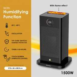 HomeVero HV-SFH1500 2-in-1 Heater and Humidifier, 1500 W, 3D Flame, Remote Control, Timer, Oscillation, 15–45°C, Black