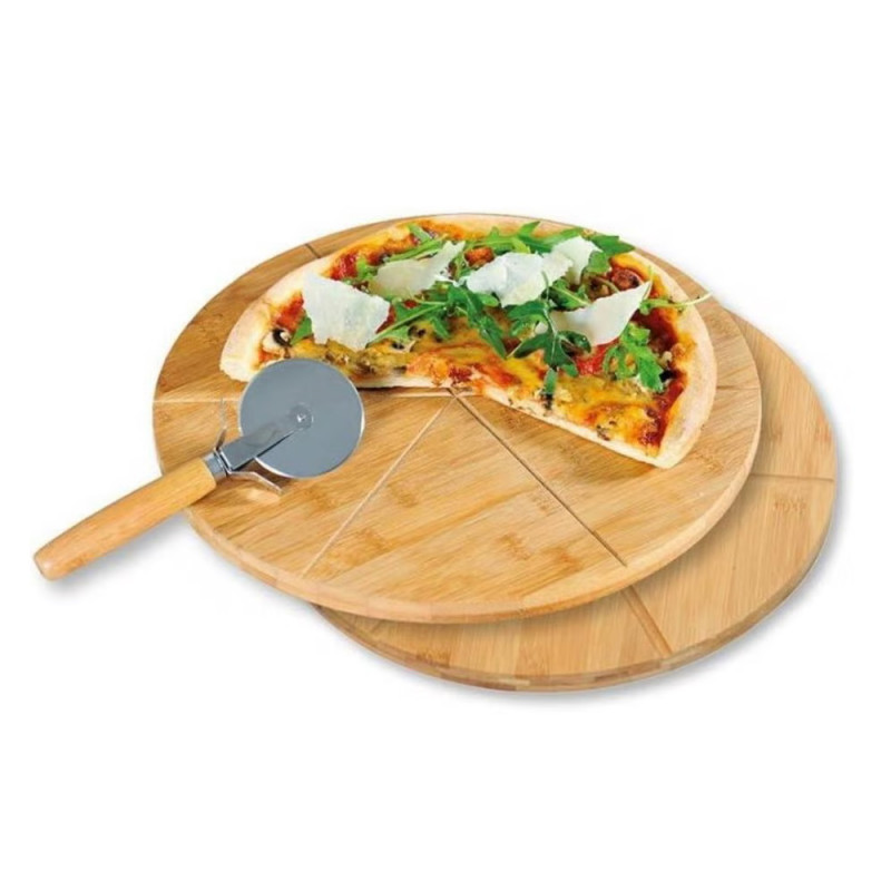 Pizzadeszka szett késsel Kesper 58465, 32cm, 2db, Vágási kontúrok, Bambusz, Barna