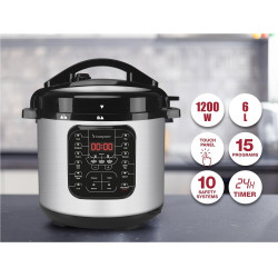 Beper P101COS001 Pressure Cooker, 1200W, 15 Programs, 6 Liters, Timer, Stainless Steel/Black