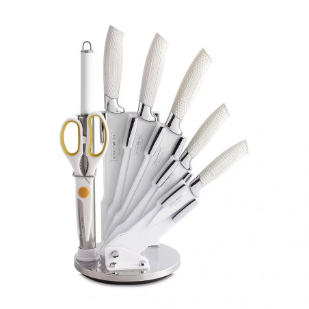 Set cutite din otel Royalty Line RL-WHT8W, 8 piese, Suport rotativ, Acoperire antiaderenta, Alb