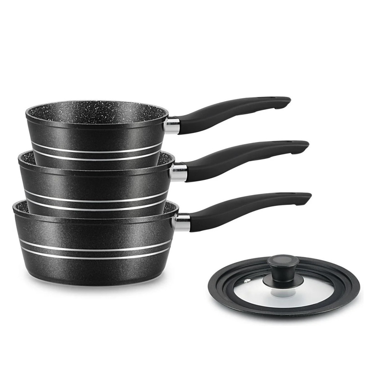 Комплект касероли Royalty Line RL-FS3M BLACK, 4 бр, Незалепващо покритие, Без PFOA, Студени дръжки, Индукция, Черен