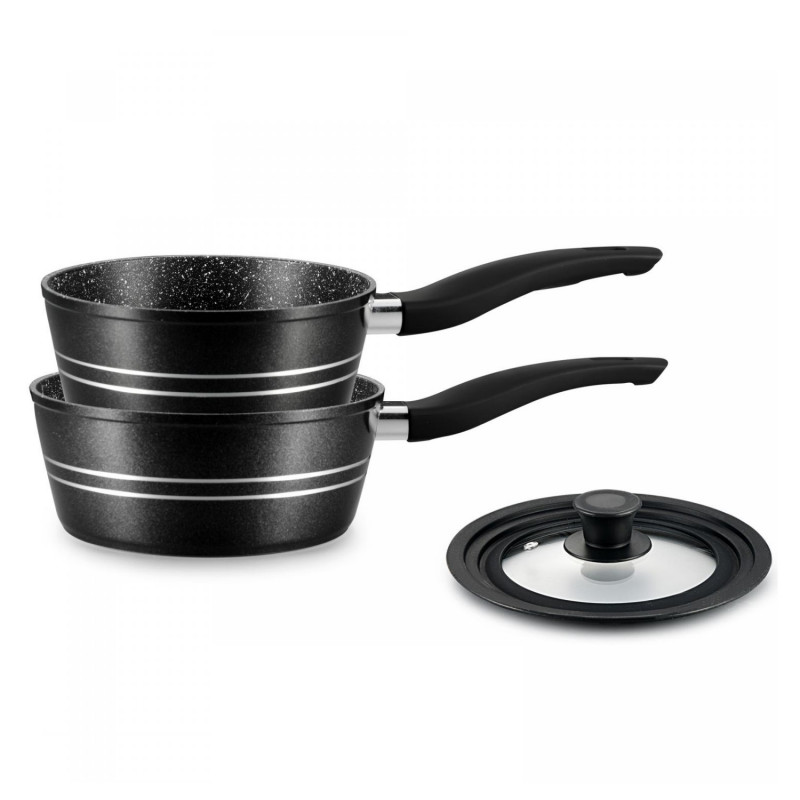 Royalty Line RL-FS2MB 3-Piece Cookware Set with Universal Lid, Marble Finish, Induction Compatible, Black