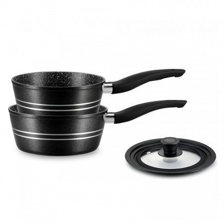 Royalty Line RL-FS2MB 3-Piece Cookware Set with Universal Lid, Marble Finish, Induction Compatible, Black