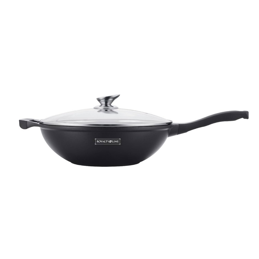 Tigaie wok Royalty Line RL-BW32M, 32 cm, 3.7 L, Acoperire marmura, Inductie, Manere moi, Negru