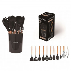 Set de ustensile pentru bucatarie Cheffinger UT10 cu suport, 10 piese, acoperire antiaderenta, Bambus, Rezistent la caldura, fara BPA, Negru