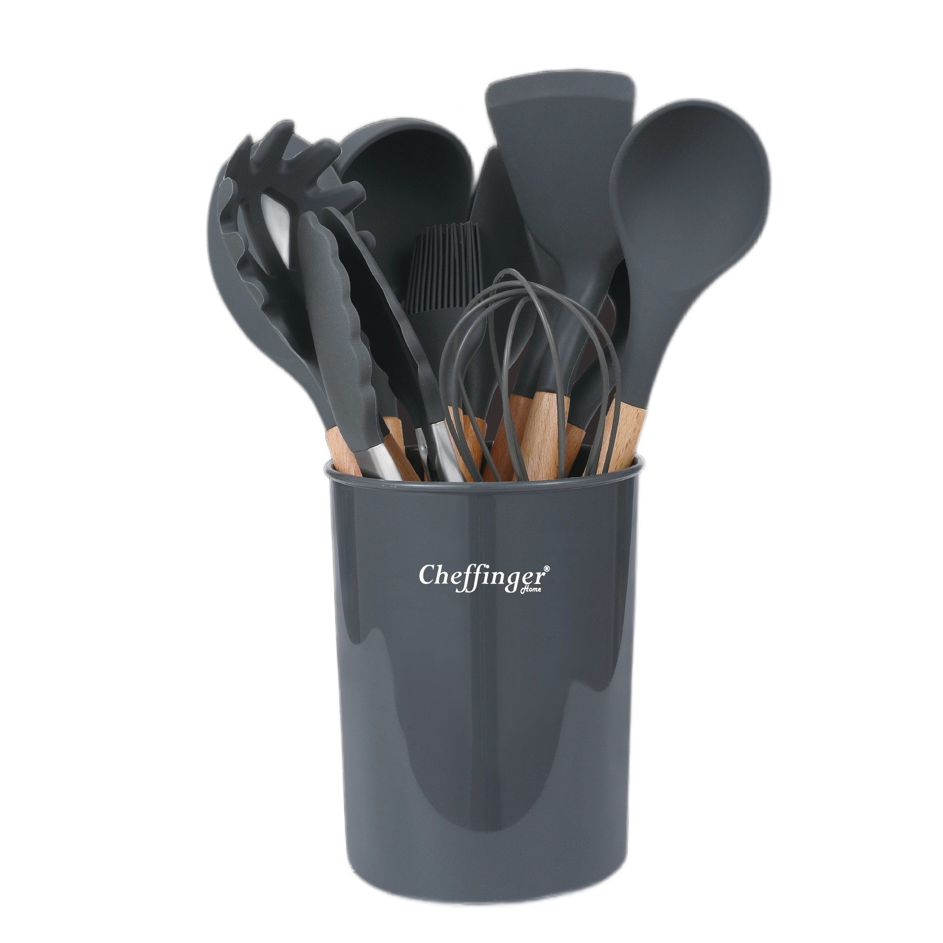 Set de ustensile pentru bucatarie cu suport Cheffinger UT11, 12 piese, Acoperire antiaderenta, Bambu