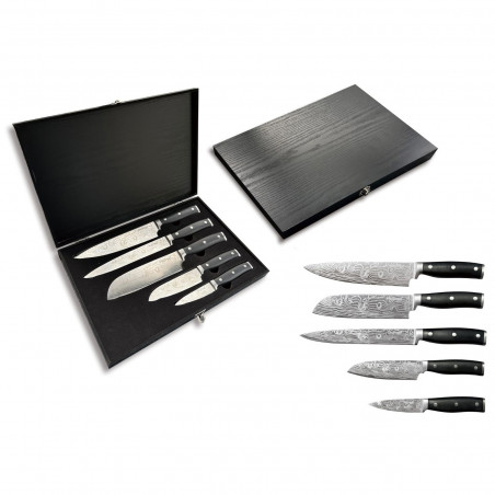 Set de cutite Cheffinger DAMA01, 5 piese, Oțel inoxidabil, Cutie din lemn, Maner ergonomic, Taiere precisa, Negru