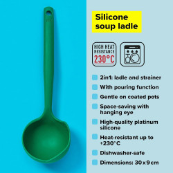 Tasty 678202 Ladle, Drain Holes, Soft Handle, 30 cm, Silicone, Green