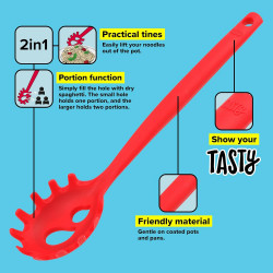 Lingura pentru spaghete Tasty 678205, Gauri pentru portionare, Maner moale, 32,5 cm, Silicon, Rosu