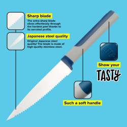 Tasty 678242 Serrated Kitchen Knife, Soft-Grip Handle, 11.5 cm, Stainless Steel, Blue