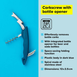 Tasty 678385 Corkscrew, Built-in Beer Bottle Opener, Stainless Steel, Blue