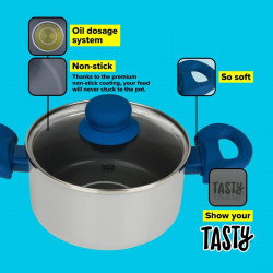 Tasty 678538 Saucepan, 16 cm, 1.5 L, Oil Dispenser, Aluminum, Non-stick Coating, Blue