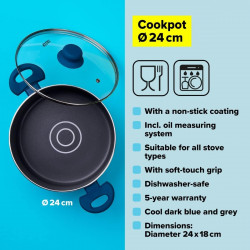 Tasty 678540 Saucepan, 24 cm, 5 L, Oil Dispenser, Aluminum, Non-stick Coating, Blue