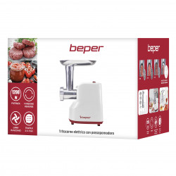 Beper P102ROB200 Meat Grinder with Tomato Attachment, 1200W, 3 Blades, ABS, Reverse Function, White