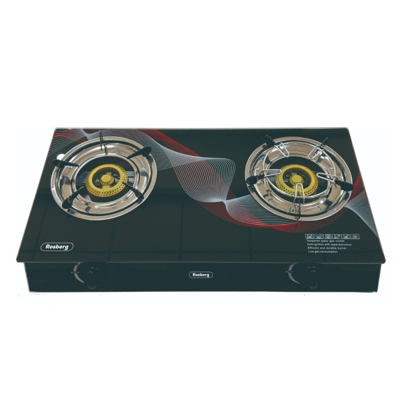 Rosberg R51454GAD Double Gas Stove, Tempered Glass, Cast Iron Burners, Three Burners, 30 mbar, Black