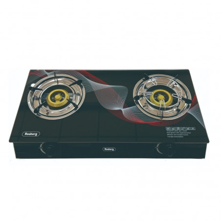 Rosberg R51454GAD Double Gas Stove, Tempered Glass, Cast Iron Burners, Three Burners, 30 mbar, Black