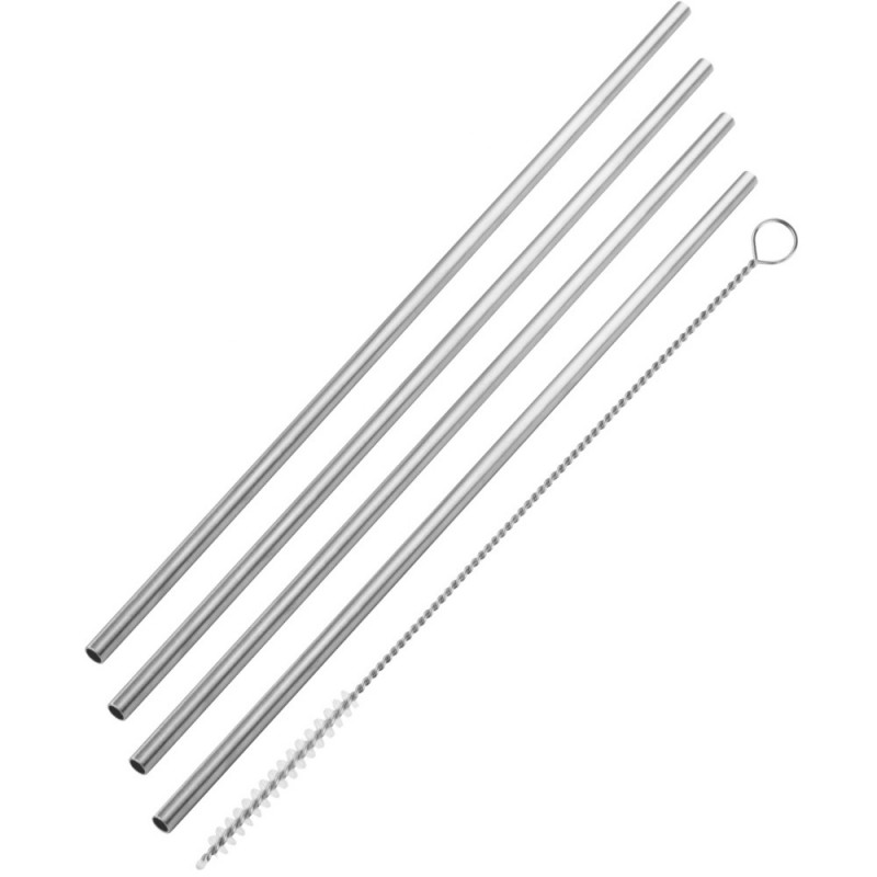 Fackelmann 54855 Metal Straws with Brush, 4 pcs + 1, 24 cm, 5 mm Diameter, Stainless Steel, Silver