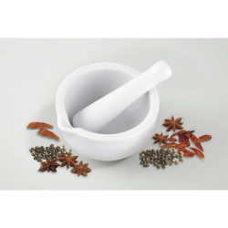 Fackelmann 45442 Ceramic Mortar and Pestle, 11x6 cm, 700 ml, Pouring Spout, White