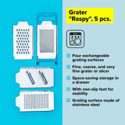 Tasty 678422 Multifunctional Grater, 27x11 cm, 4 Attachments, Stainless Steel, Blue