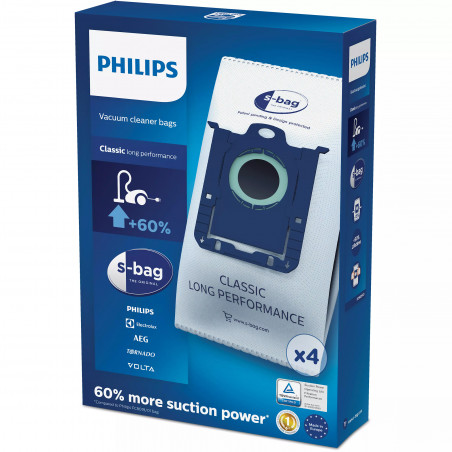 Торби за прахосмукачки Philips s-bag FC8021/03, 4 бр, Синтетичен четирипластов материал, Син